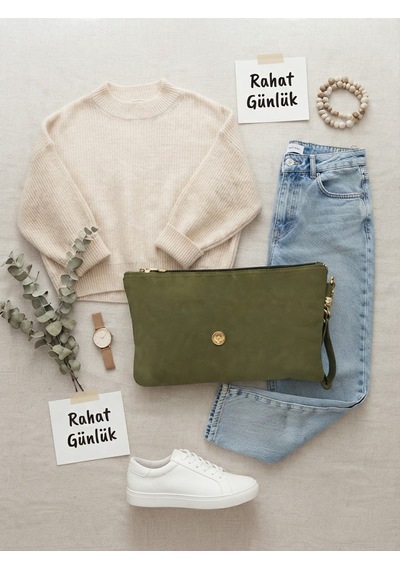 D&s Accessories Kadın Suet Clutch Şık El Çantası Haki