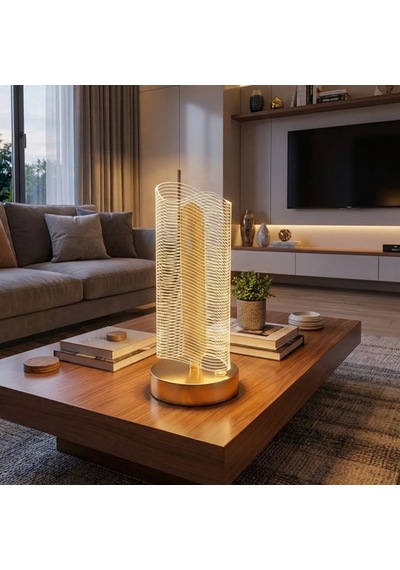 Dalgalı Silindirik Kristal Çizgili Model Led Masa Lambası Gold Tabanlı, Dokunmatik, 3 Renk Işık Modlu, Şarjlı Modern Dekoratif Gece Lambası 5570 Beyaz