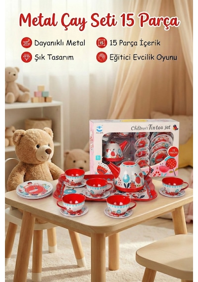 15 Parçalı Mini Çay Servisi Aksesuar Seti - Metalik Yapılı, Sağlam Kırılmaz Set, Çocuk Pretend Play Mutfak Aktivitesi