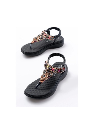 Dm-609 Siyah Taşlı Arka Lastikli Parmak Arası Kadın Sandalet Siyah