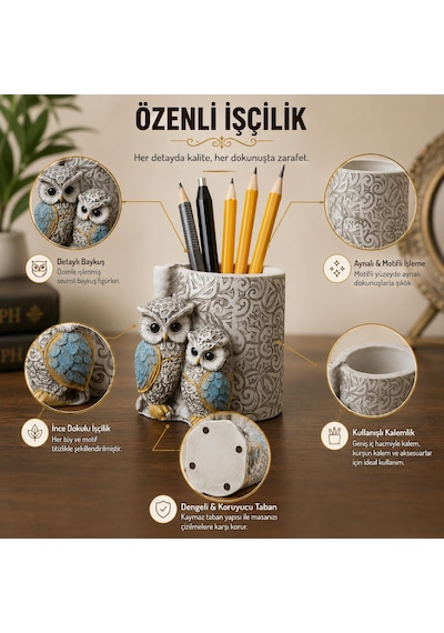 Lüks İşlemeli Aynalı Baykuş Kalemlik Biblo Dekoratif Heykel Ev Ofis Masa Dekoru Hediyelik 9 X 7 Cm 9 - 11 Cm