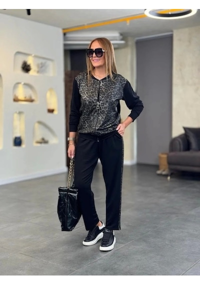 Defymoda Kadın İki İplik Kumaş Yılan Desenli Fermuarlı İkili Takım Siyah