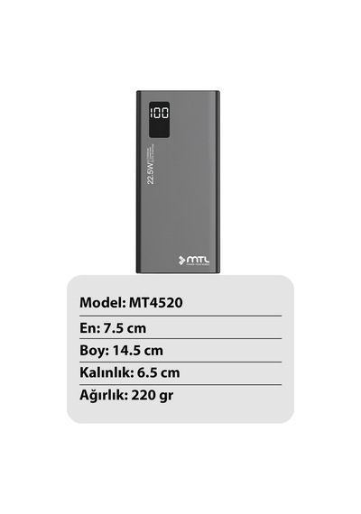20000 Mah 22.5w Turbo Şarj Dahili Kablolu Led Göstergeli Pd Ve Qc 3.0 Powerbank Mt4520 Siyah
