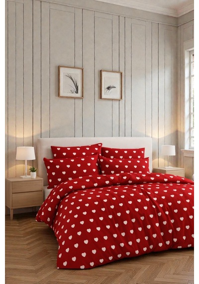 Çift Kişilik Kalp Desenli Nevresim Seti 200 X 220 Cm Sevgililer Günü  Günlük Kullanım Kırmızı-kalpli