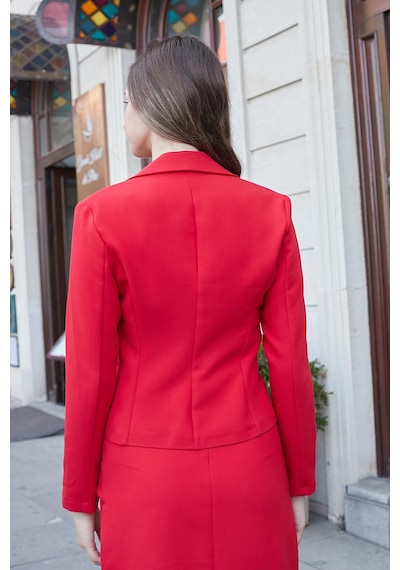 Kadın Hafif Esnek Kumaş Yakalı Cep Kapaklı Uzun Kol Düğmeli Blazer Ceket-kırmızı Kırmızı Kadın Hafif Esnek Kumaş Yakalı Cep Kapaklı Uzun Kol Düğmeli Blazer Ceket-kırmızı Kırmızı