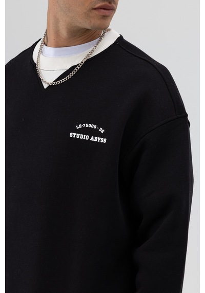 Vamos Oversize Bisiklet Yaka Baskılı Sweatshirt V70-91 Siyah