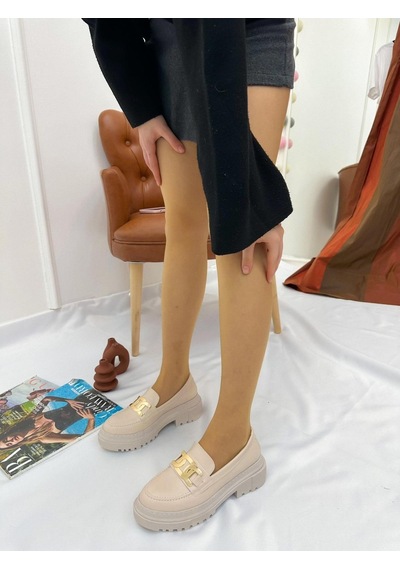 Erva'nın Butiği Bej Cilt Edith Zincir Detay Kadın Loafer-5079