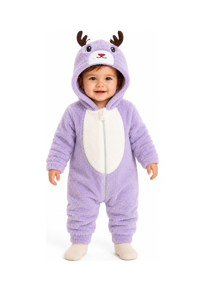Tatlı Geyik Desenli Welsoft Bebek Tulumu Kapüşonlu Peluş Fermuarlı Kışlık Unisex Bebek Tulumu Mor