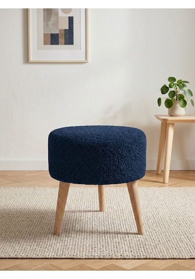 Mavi Welsoft Kumaş Yuvarlak Puf Ahşap Ayaklı Demonte Modern Puf Tabure 40x42 Cm