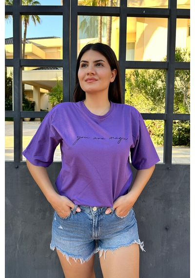 Mor Renk You Are Magic Baskı Unisex Oversize T-shirt Mor