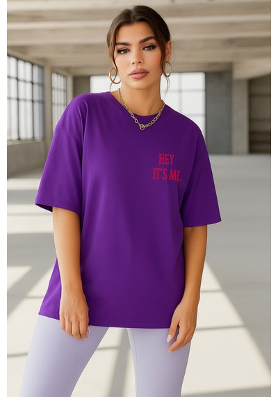 Hey It's Me Baskılı Oversize T-shirt Mor