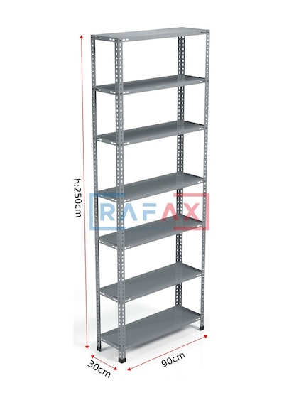 Rafax, 30x90xH:250, 7 Raflı Çelik Raf, Depo Rafı, Arşiv Rafı Gri