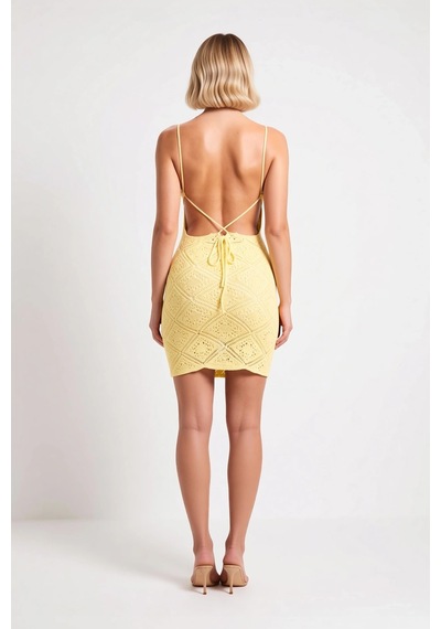 Benerly Kadın Kolsuz Halter Yaka Ajurlu Örme Mini Plaj Elbisesi Bodycon K Sarı