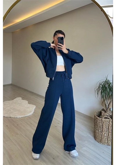 Neşeli Butik Kadın Fermuarlı Oversize Sweat Ve Yüksek Bel Eşofman Takımı Nm018 Lacivert