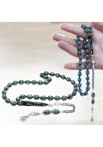 925 Ayar Gümüş Kral Zincir Püsküllü Gümüş-firuze İşlemeli Erzurum Oltu Taşı Tesbih Mavi - Siyah