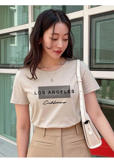 Uyguntarz Unisex Los Angeles Baskılı Tasarım Tshirt Bej