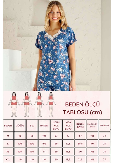 Alimer Kadın İndigo Dantelli V Yaka Bermuda Pijama Takım Edy2735i İndigo