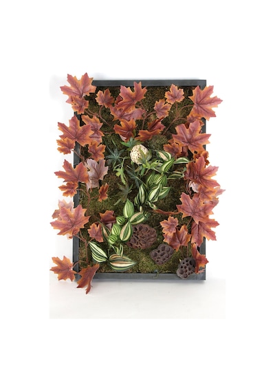 Yapay Çiçek Deposu Ahşap Panoda Yapay Bitki Duvar Tablo Hazan Serisi 40 Cm X 60 Cm