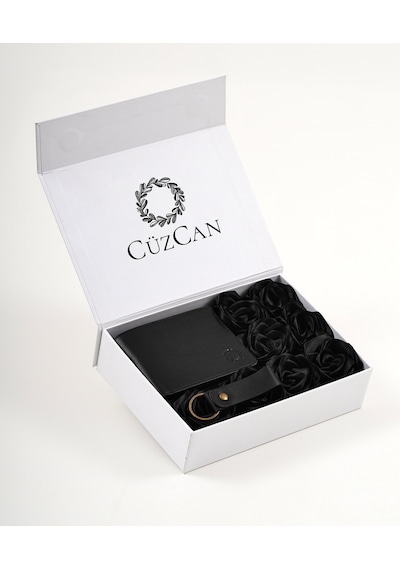 Premium Gift Rose Box - Joseph Siyah Hakiki Deri Cüzdan - Anahtarlık Ve Siyah Gül Kutusu Siyah