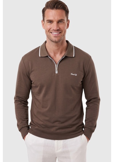 Deepsea Erkek Slim Fit Tüylenmeyen Fermuarlı Polo Yaka Kahve Sweatshirt Yumuşak Dokulu Sweat 2708517