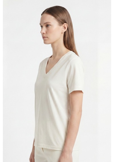 Goffra Kadın Vision V Yaka Premium Kalite Yoğun Dokulu Pamuklu T-shirt Krem W102-r0220-02