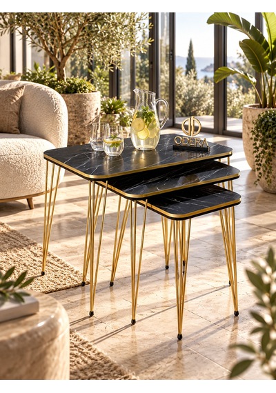 Odera Siyah Mermer Desenli Zigon Sehpa 3'lü Set Siyah- Detaylı Metal Ayaklı Modern Retro Salon Sehpası Diğer