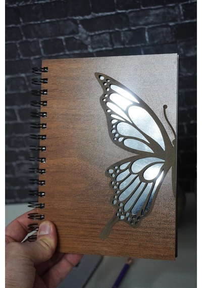Kelebek Desenli Ahşap Kapaklı Defter - Günlük Anı Defteri Hediyelik Ahşap Rengi Ceviz