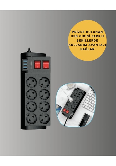 2 Metre Güçlü Çoklu Priz 8 Soket Yeni Nesil 0