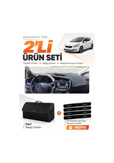 Kia Ceed 2013-2019 Uyumlu Torpido Örtüsü + Deri Bagaj Çantası + Sticker Seti - Siyah
