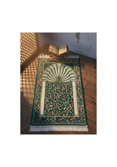Yeşil Çiçek Motifli Şönil Seccade Örgü Püsküllü Hediyelik Standart Boyut