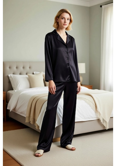 Benerly Kadın Gömlek Yaka Standart Kol Regular Kalıp Dokuma Saten Pijama Siyah
