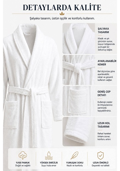 Tek Kişilik Banyo Bornozu %100 Pamuk Şalyaka Bukle Perla Collection Beyaz