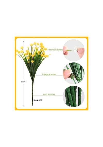 6lı Set Yapay Çiçek Sazlı Lotus Sarı Renk 7 Dal Plastik 30cm