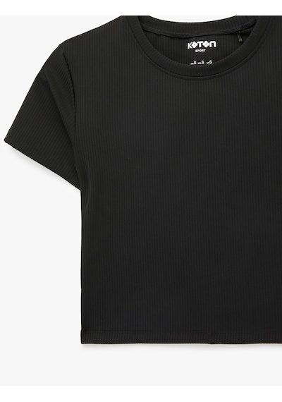 Koton Slim Fit Kısa Kollu Bisiklet Yaka Crop Spor Tişört Siyah 6sak10040nk