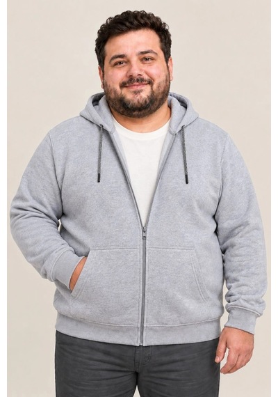 Assema Erkek Battal Büyük Beden Üç İplik İçi Şardonlu Kapüşonlu Tam Fermuarlı Kışlık Sweatshirt - Gri Çok Renkli