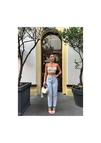 Kene Jeans Kadın Buz Kar Yüksek Bel Paça Söküm Mom Jeans Pantolon Mavi