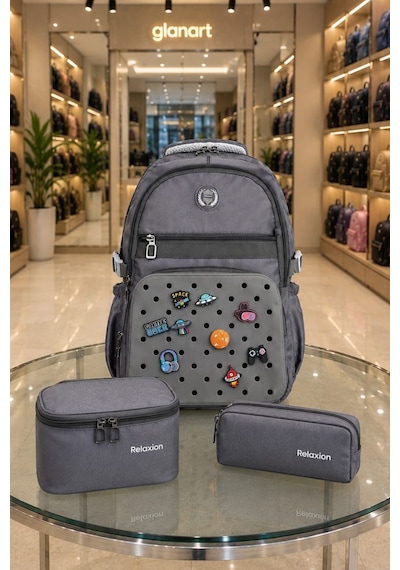 3'lü Set Çocuk İlkokul Çantası+ Kalemlik+ Beslenme Delikli Model Relaxio 1 Adet Gri