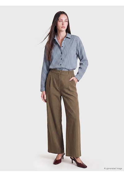 Lcw Comfort Haki Geniş Paça Pileli Kadın Kumaş Pantolon