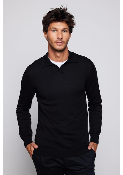 Tudors Erkek Slim Fit Dar Kesim Polo V Yaka Siyah Kazak-29106-siyah Siyah