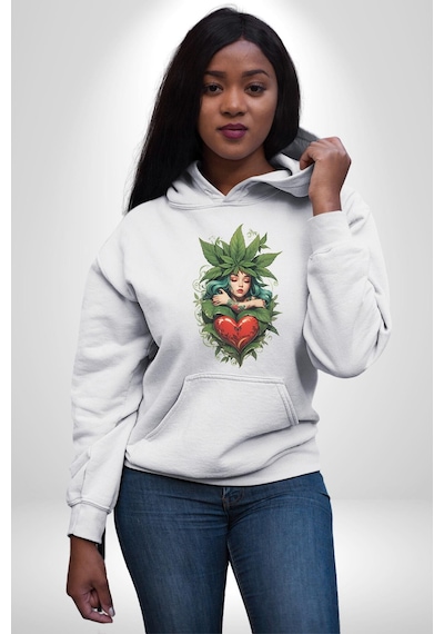 Kalp Parmak Kız Yeşillik Mutluluk Kadın Erkek Beyaz Kapüşonlu Sweatshirt Hoodie Beyaz