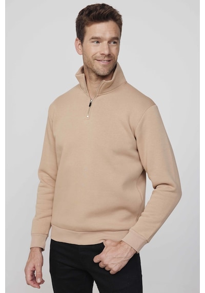Tudors Pamuklu Dik Yaka Fermuarlı Taş Unisex Sweatshirt-29415-taş Taş