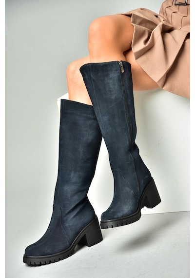 Fox Shoes R654047702 Lacivert Hakiki Deri Süet Kalın Topuklu Kadın Çizme Lacivert