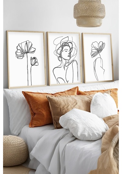 Huhuli Ahşap Çerçeveli Minimalist Line Art 3'lü Tablo Seti Huhu534