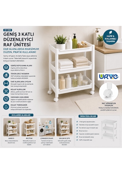 Urve Ur-3598 Rafty Geniş 3 Katlı Tekerlekli Sepet Organizer Raf Ünitesi 352x220x480 Mm Diğer