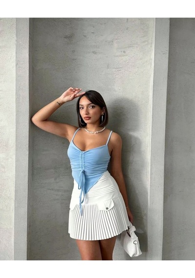 Önü Büzgülü Askılı Crop Mavi