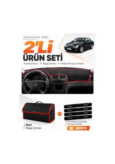 Mercedes W211 E-class 2002-2009 Uyumlu Torpido Örtüsü + Deri Çanta + Sticker - Siyah Kırmızı