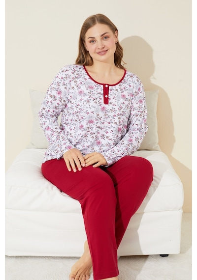 Siyah İnci Düğmeli Pamuklu Curve Büyük Beden Battal Boy Örme Pijama Takım 24240657 Beyaz