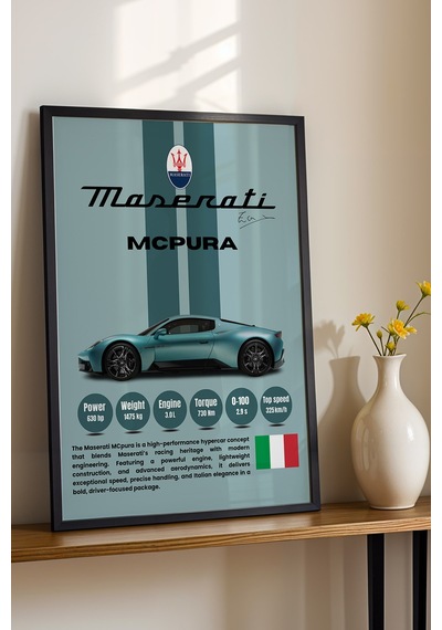 Maserati Mcpura Premium Araba Tablosu - Teknik Özellikli İtalyan Otomobil Duvar Dekoru Siyah