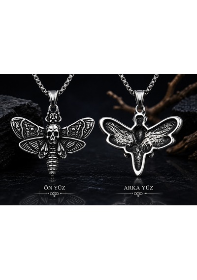 Paslanmaz Çelik Gotik Stil Kurukafa Detaylı Acherontia Lachesis Güve Kolye Antrasit
