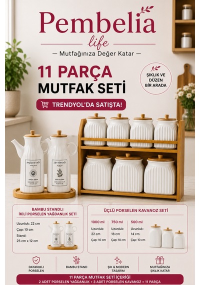 11 Parça Bambu Standlı 2 Li Yağdanlık Set Ve Ahşap Standlı Porselen Baharatlık Takım Çeyizlik Set Beyaz Beyaz